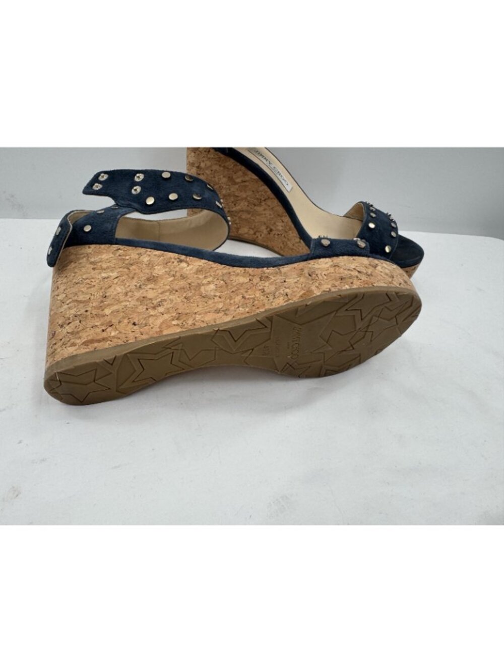 JIMMY CHOO Dark Navy Suede Studded Cork Nelly Wedge Sandals Heels Shoes Sz 41.5 - Picture 6 of 16